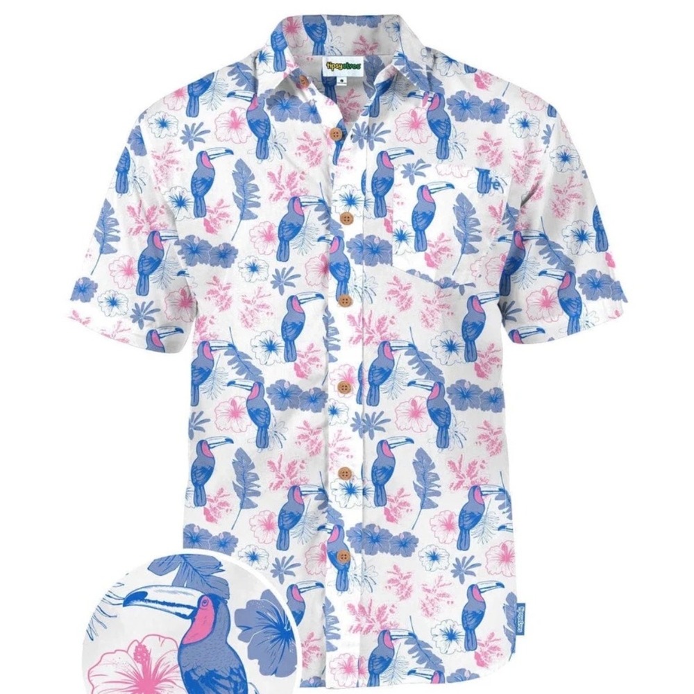 Tipsy Elves Button Down Shirt Mens XL White Blue Pink Toucan Mango Floral Summer